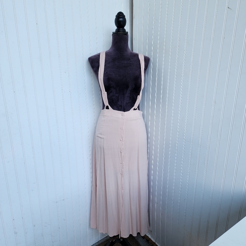 Le Lis Skirt Womens Blush Pink Midi Fit Flare Button Suspenders Slit Tencel Sz S